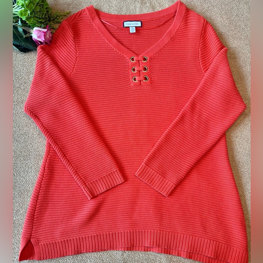 Charter Club Women’s Grommet Long Sleeve Vneck Sweater, size XL